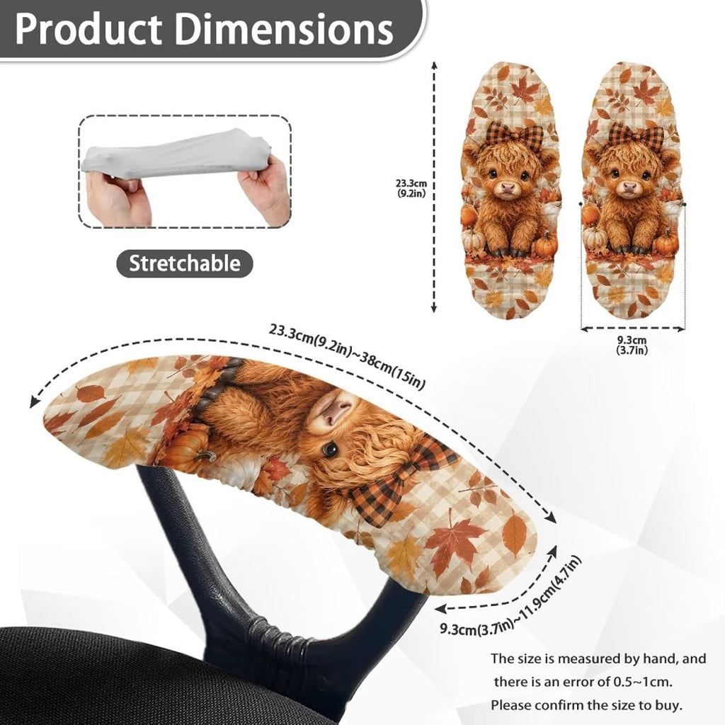 Highland Cow Print Office Chair Arm Rest Slipcover Sets of 2 Highland Cow Pumpkin Maple Leaf Printed Soft Stretchy Gaming Chair Armrest Covers Universal Fits Rotating Desk Gaming Chairs - Image 3