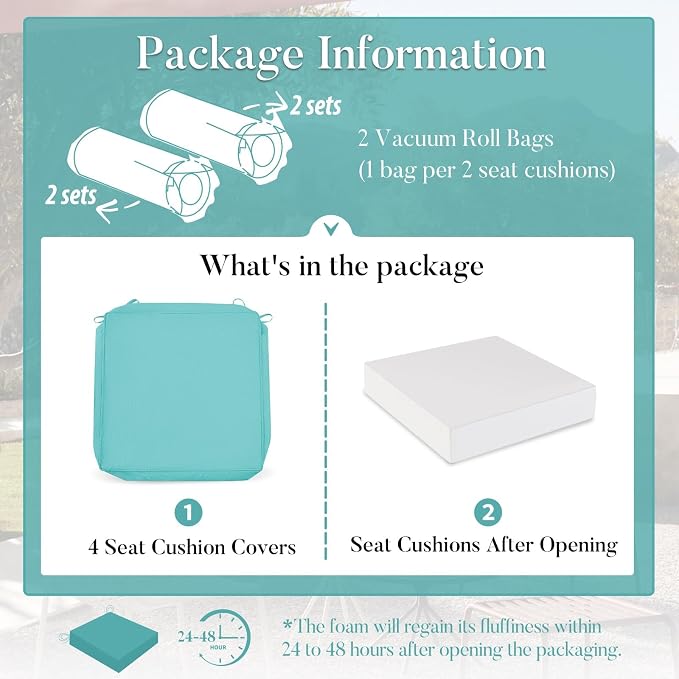 Basic Beyond Outdoor Chair Cushions for Patio Furniture, Waterproof Outdoor Seat Cushions Set of 4 19 x 19, Patio Chair Cushions Set of 4 with Ties and Handle, Teal - Image 7