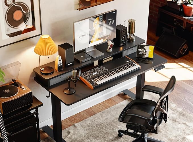 BANTI 48x24 Inch Electric Standing Desk with Dual Drawers, Height Adjustable Stand Up Table, Sit Stand Home Office Desk with Storage Shelf, Black Frame/Black Top - Image 2