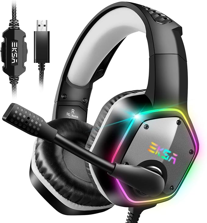 EKSA E1000 USB Gaming Headset for PC, Computer Headphones with Microphone/Mic Noise Cancelling, 7.1 Surround Sound, RGB Light - Wired Headphones for PS4, PS5 Console, Laptop, Call Center by EKSA