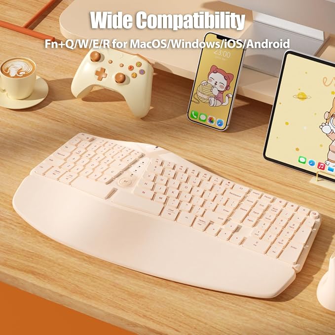 Split Ergonomic Keyboard Wireless with Cushioned Wrist & Palm Rest | Wireless 2.4G/Bluetooth/Wired USB-C, Comfortable Natural Typing, Compatible with Windows/Mac/PC/Laptop, Milk Tea - Image 7