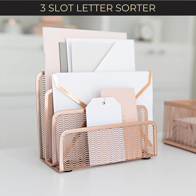 BLU MONACO Rose Gold Metal Mesh Letter Sorter | 3-Slot Vertical Mail Organizer for Desk, Office and Home | Compact Mail Holder for Envelopes, Documents and Files | Modern Desktop Organizer - Image 4