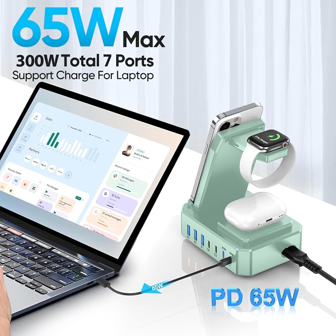 300W Charging Station for Multiple Devices Apple, Zutspzss 10 in 1 Wireless Charger for iPhone 16, GaN III USB C 65W PD Fast Charging Stand Dock for MacBook, Apple Watch&Airpods,Green - Image 2