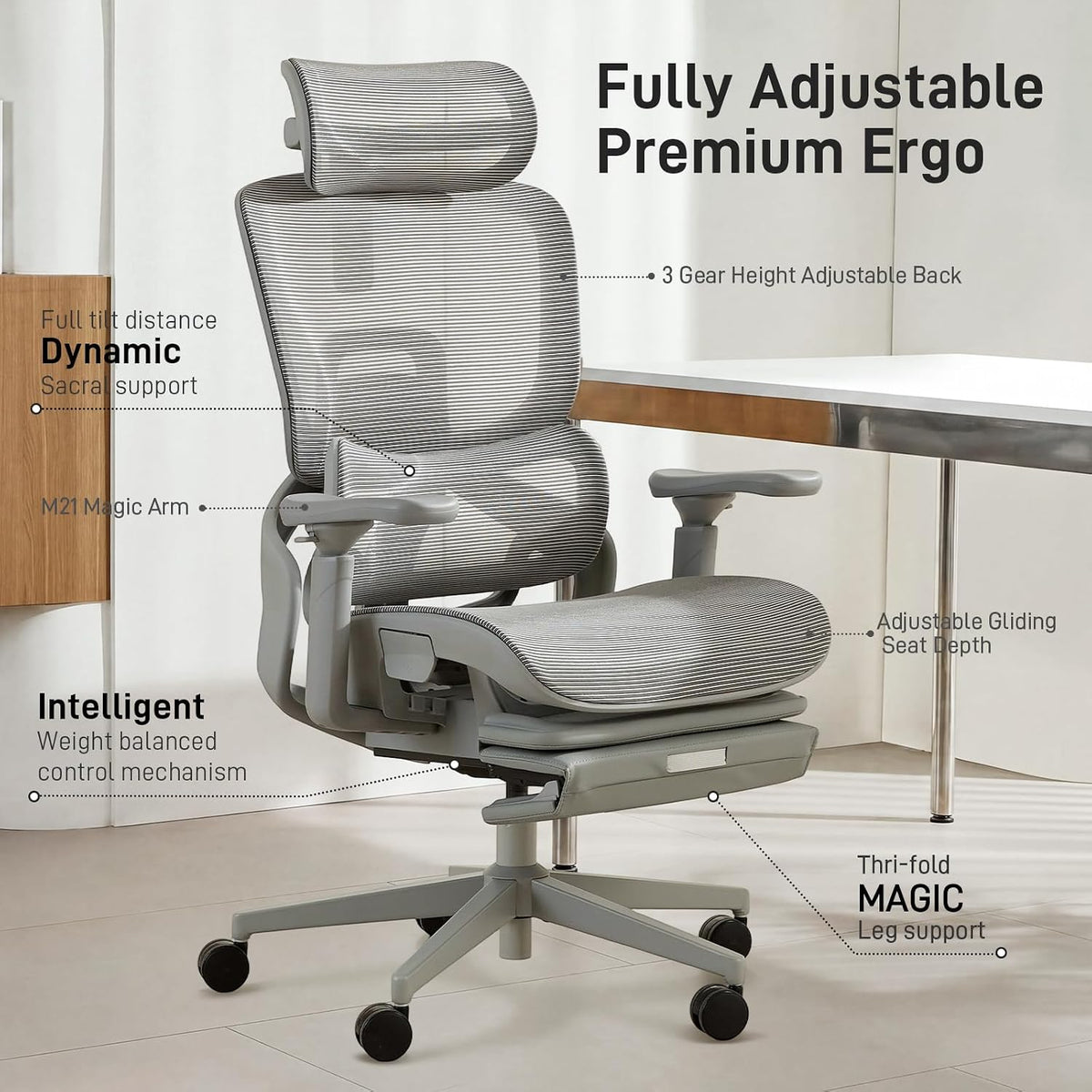 FLOW360 Ergonomic Mesh Office Chair with Footrest, Big&Tall Chair Gray MS - Image 3