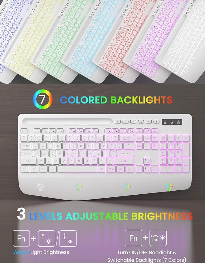 Wireless Keyboard, 7 Colored Backlits, Wrist Rest, Phone Holder-White | Rechargeable Ergonomic Computer Keyboard with Silent Keys, Full Size Lighted Keyboard for Windows, Mac, PC, Laptop - Image 2
