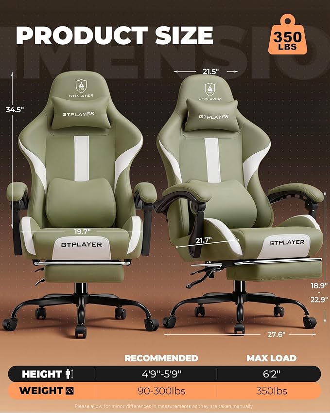 GTPLAYER Gaming Chair with Foot Rest & Pocket Spring Cushion, Ergonomic High Back Computer Desk Chair with Headrest & Lumbar Support for Back Pain Relief, Breathable Fabric, Green - Image 2
