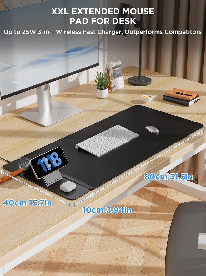 2nd Gen Wireless Charging Desk Mat,3-in-1 Foldable Phone Holder Mouse Pad | Extra Large 35.43×15.75 Inch Microfiber Leather Waterproof Anti-Slip Multifunctional Wireless Charger Desk Pad - Image 2