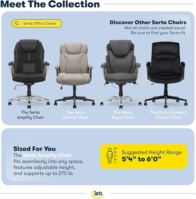 Serta Ergonomic Executive Office Chair, Padded Arms Mesh Back Leather Chair | Amplify, Contoured Lumbar Lower Back Support, Back Pain Relief, Adjustable Height & Recline, Work From Home Desk Chair, Gray - Image 10