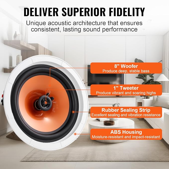 VEVOR 4 PCs 8 Inch in Ceiling Speakers, 400W Flush Mount Ceiling & in-Wall Speakers System with 8" Woofer,1" Tweeter, for Home Kitchen Living Room Bedroom or Covered Outdoor Porches - Image 3