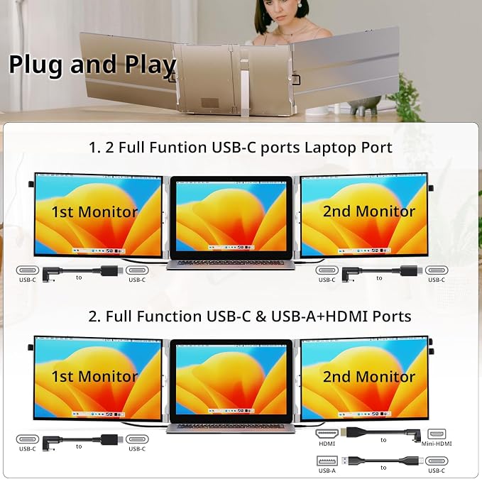 AYY Laptop Screen Extender, 14" FHD 1200P Portable Triple Monitor for 13"-17" Laptops, Aluminum Alloy Stand, Compatible with MacOS/Windows/Chrome - Image 5