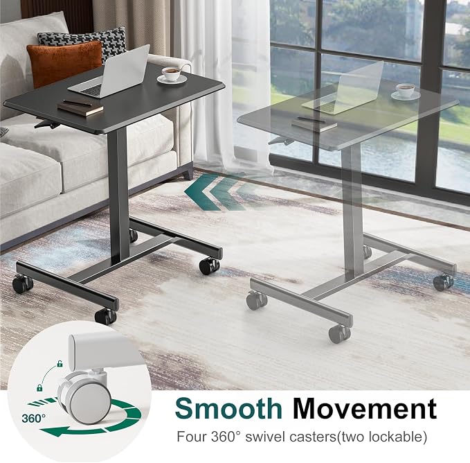 DUMOS Small Standing Desk with Wheels, Laptop Desk, 19 Inch | Portable Rolling Design, Adjustable Height Workstation, Home Office Mobile Station, Black - Image 7