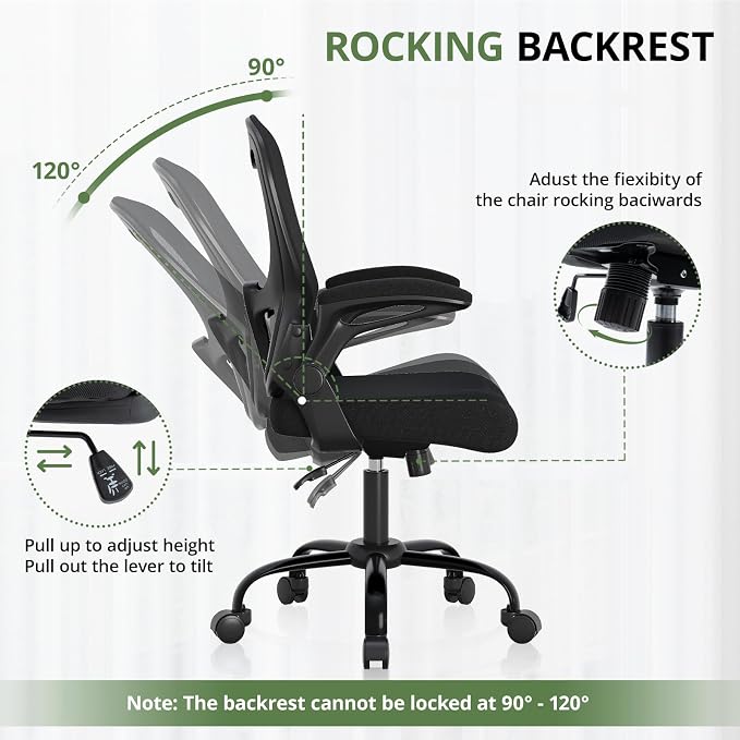 Office Chair 330 lbs Capacity, Ergonomic Breathable Mesh Desk Chair with Lumbar Support & Flip-Up Armrest, High Back Computer Chair for Home Office, Black - Image 9