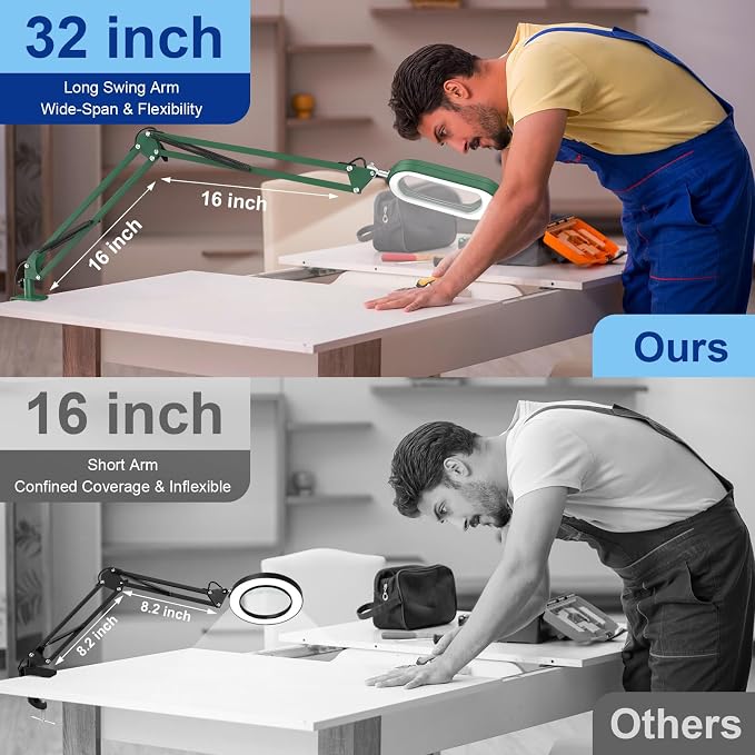 16" Extra Long Magnifying Glass with Light and Clamp, Real Glass, 5 Color Modes, Stepless Dimmable, Lighted Magnifier with Stand Hands Free, LED Swing Arm Desk Lamp for Close Work, Craft, Red - Image 2
