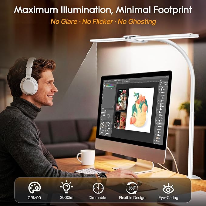 Syrinx LED Desk Lamp, Dual Head Desk Light with Clamp, Eye-Care Table Lamp | Flexible Gooseneck Task Light with Motion Sensor, Wired Control, 50 Lighting Modes, Timer & Memory Function for Home Office - Image 4