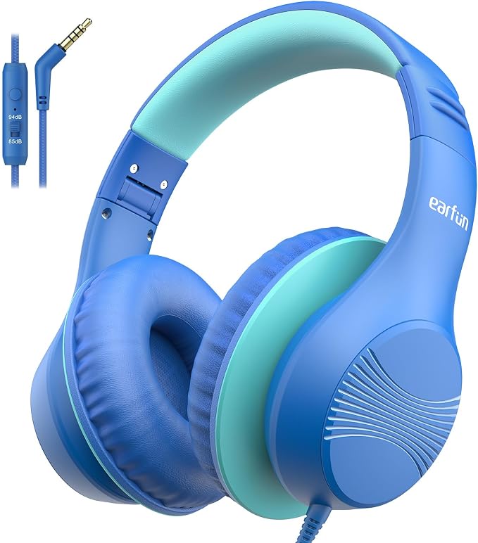 EarFun K3 Kids Headphones, Over Ear Headphones with Microphones, 85/94dB Safe Volume Limit, HD Stereo Sound, 3.5mm Jack, Foldable Wired Headphones for School/Travel/Boys/Girls/Tablet/iPad, Blue | Built-in Mic, 85/94dB Volume Limit, HD Stereo Sound, 3.5... by EarFun