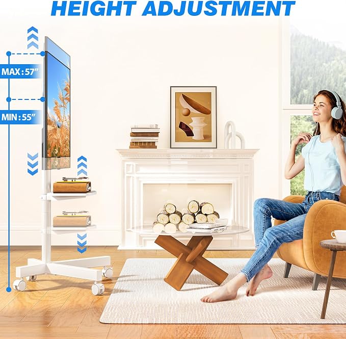 Rfiver Mobile TV Stand for 23-65 Inch Flat/Curved TVs up to 88 lbs White | Rolling TV Stand with Adjustable Shelf & Tilt, Portable Floor Stand on Wheels for Bedroom, Living Room, Max VESA 400x400mm - Image 3