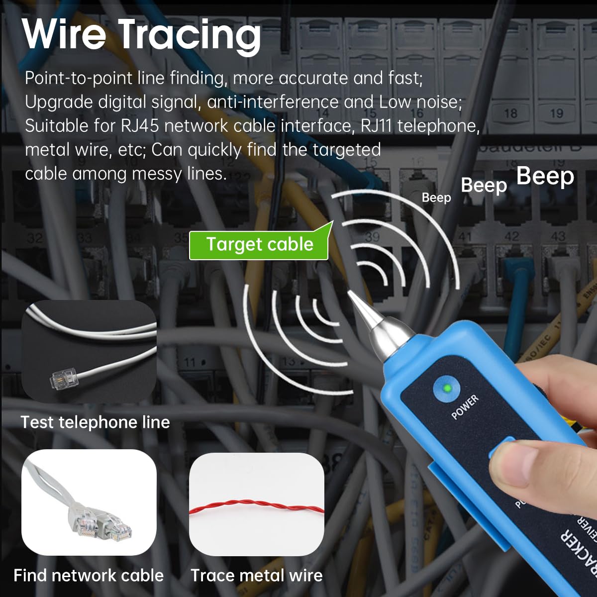 Cable Tracer Ethernet Network Cable Tester RJ45 RJ11 - Wire Toner Tracker CAT5 CAT6 Continuity Tester - Tone Generator and Probe Kit Telephone Line Finder Locator Detector Tool - Blue - Image 4