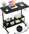 32" Rolling Standing Desk with Charging Station for Couch Bed | Height Adjust 27.5-41", 2 AC/3 USB, Mobile 4 Lockable Wheels, 2-tier Shelves Hook, Safe Corner Fast Assembly by Armocity