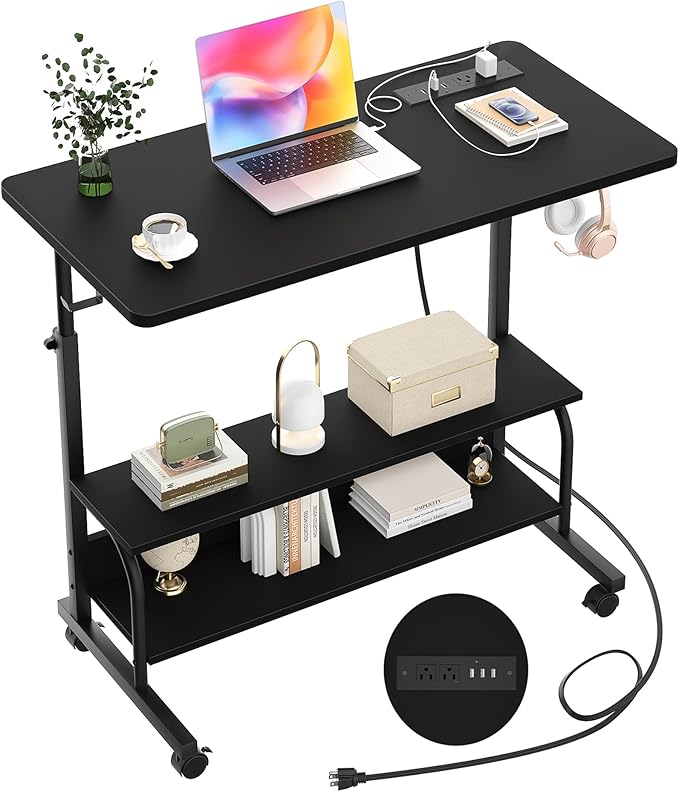 32" Rolling Standing Desk with Charging Station for Couch Bed | Height Adjust 27.5-41", 2 AC/3 USB, Mobile 4 Lockable Wheels, 2-tier Shelves Hook, Safe Corner Fast Assembly by Armocity