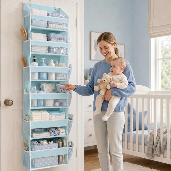 HOMELUX THEORY Over the Door Organizer, 6-Tier, 100D Fabric, Baby Blue 1pc | Over the door shoe organizer, 50 lbs capacity, 12 side mesh pockets, 100D extra thick fabric, Closet & entryway storage - Image 2
