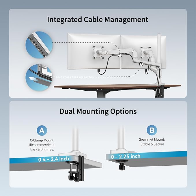 Ergounion White Monitor Arm, Vertical Stacked Stand for 2 Screens up to 40" | Solid aluminum holds 25 lbs/arm, no sagging. +90°/-25° tilt, 180° swivel, 360° rotation. VESA 75/100. With Cable management - Image 3
