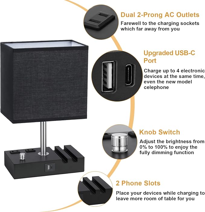 Black Table Lamp for Bedroom - Stepless Dimmable, USB C+A, 2 AC Outlets | Dimming By Rotary Knob, USB C+A Ports, 2 Phone Stands, LED Bulbs Included, Rectangle Black Lampshade, for Living Room, Desk - Image 4
