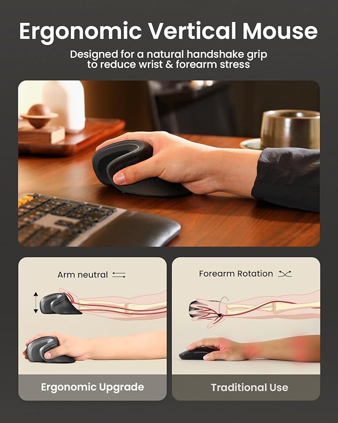 ProtoArc EM11 NL Wireless Ergonomic Vertical Mouse, Rechargeable, Gray | 58° vertical design supports a natural wrist posture, connect 3 devices via Bluetooth/2.4G USB-A, 500mAh USB-C rechargeable. - Image 7