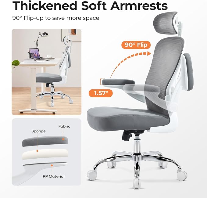 Ergonomic Office Chair, Mesh Office Desk Chair, Grey, 1 Pack | Lumbar Support, Head Support, Rocking Function, Flip-up Armrests, Mesh High Back, Suitable for Home, Office - Image 3