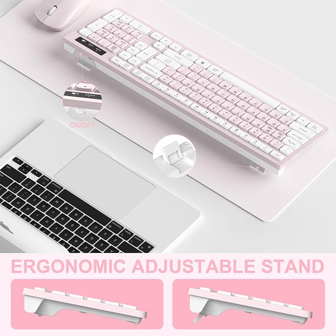 Wireless Keyboard and Mouse Combo, Reccazr 2.4G Full-Sized Keyboard and Mouse Cordless, 3 DPI Adjustable Mouse, Dual-System Keyboard for Computer/Laptop/Windows/Mac (Pink & White) | Silent 2.4G Full Size Cordless Keyboard with Tilt Legs,3-Level DPI Qui... - Image 4
