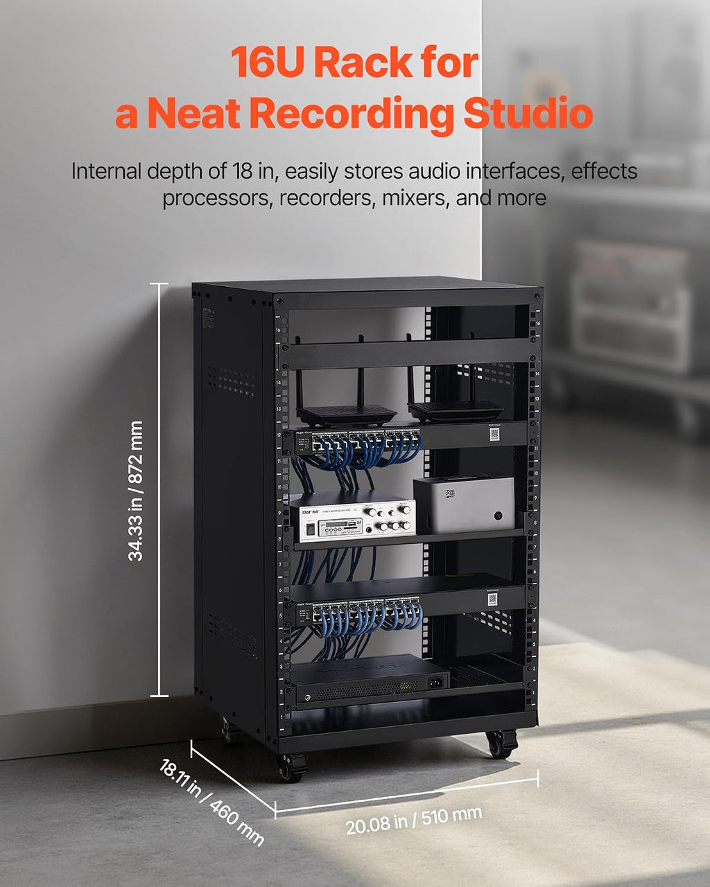 VEVOR 16U AV Rack with 4 Wheels, Network Server Rack Recording Studio Rack - Image 2