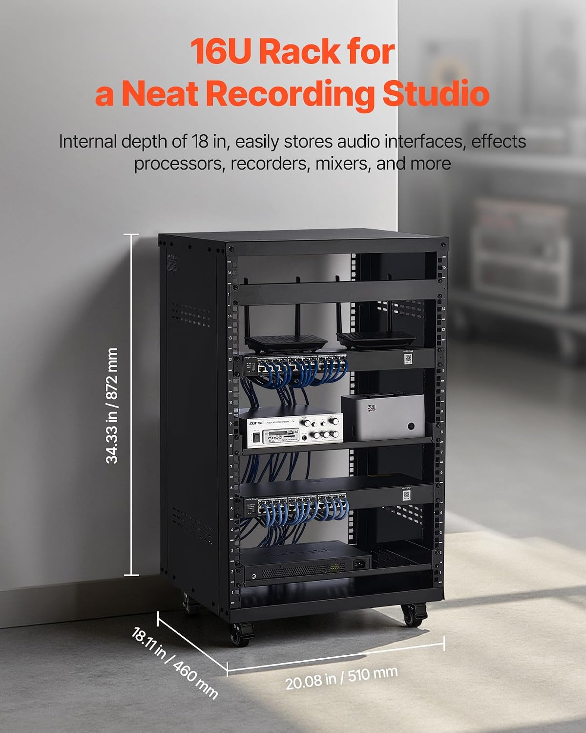 VEVOR 16U AV Rack with 4 Wheels, Network Server Rack Recording Studio Rack - Image 2