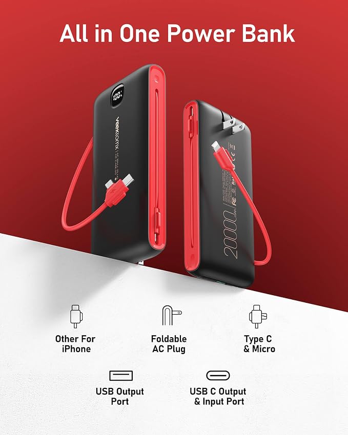 VEEKTOMX 10000mAh Portable Charger with Built-in Cables & Wall Plug | Fast Charging Slim USB-C Power Bank for iPhone, Samsung, iPad | 5 Outputs, Charges 4 Devices, ETL Certified, Black Red - Image 2