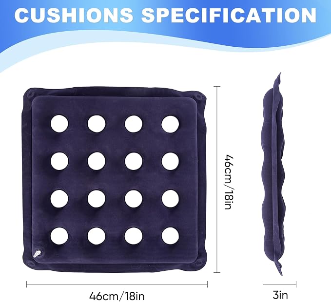 2-Pack Waffle Inflatable Seat Cushions with Pump, 18 Inch Beige 16-Hole Air Cushion for Pressure Relief, Wheelchair, Office Chair, Car Seat & Travel (Navy Blue) - Image 3