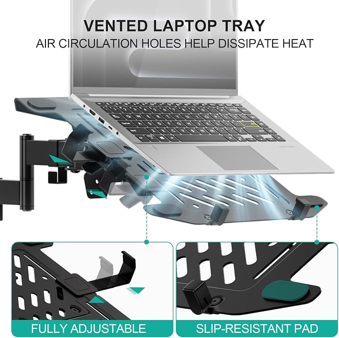 WALI Laptop Pole Mount, Adjustable Laptop Arm Holder Fits 10"-15.6" Laptops, 2-in-1 Full Motion Monitor Mount with Removable Tray, VESA 75x75 or 100x100 mm, Holds up to 15.4lbs(011ARMLPN), Black - Image 4