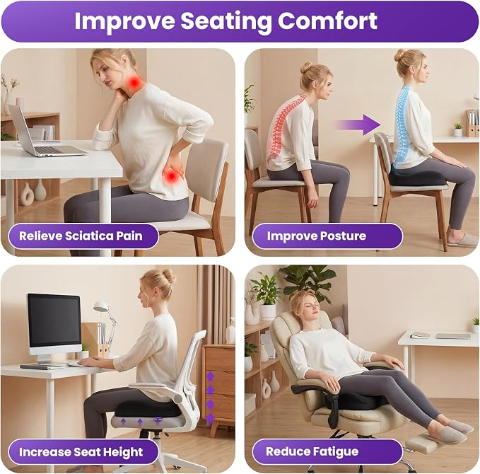ZZ-WELL Seat Cushions for Office Chairs, Patented Pressure Relief Coccyx Cushion for Tailbone Pain, Memory Foam Butt Pillows for Wheelchair Car Sitting, Carrying Handle, Non-Slip (Black, Large) - Image 4