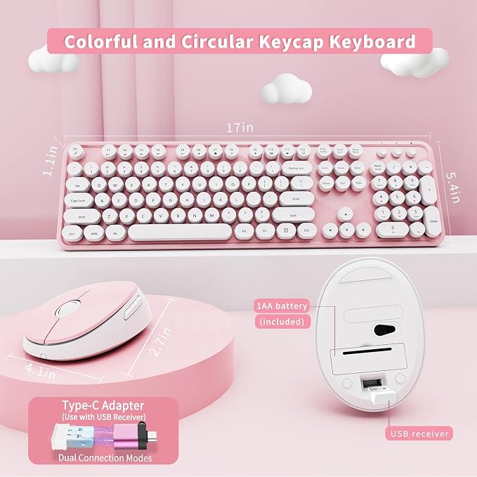 Wireless Keyboard and Mouse Combo, Ergonomic Full Size Typewriter Retro Round Keycaps Keyboard, Compatible with Windows, PC, Perfer for Home and Office Keyboards (Lovely Pink) - Image 5