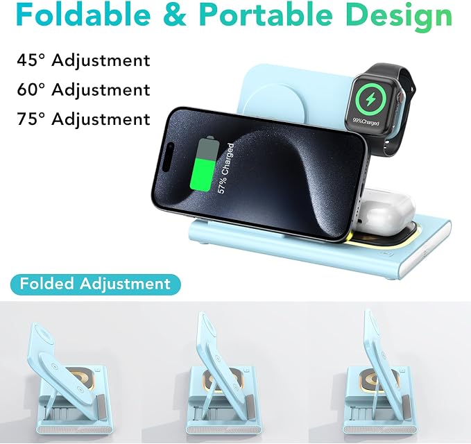 3 in 1 Foldable Wireless Fast Charging Station for Apple Multiple Devices | iPhone Charging Station for iPhone 17, Travel iWatch Charger Stand, Light Nightstand Charging Dock for Apple Watch/Airpods - Image 8