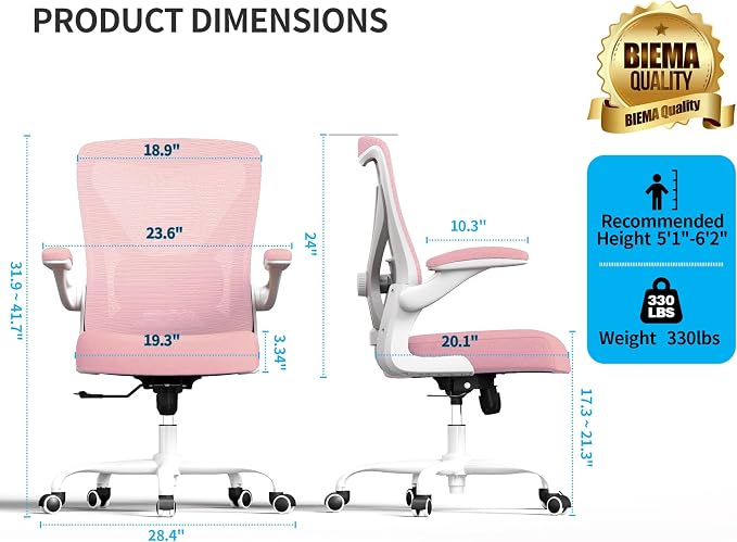 Office Chair: 330LBS Mesh Ergonomic Desk Chair Comfy with 3D Lumbar& Swivel | Ergalithic Computer Chair-Executive Task Work Chairs with Flip-up Arm Home Office Desk Chairs Gaming Chair for Adults(Pink) - Image 2
