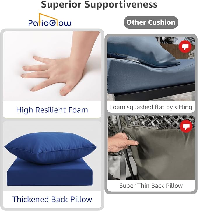 PatioGlow Outdoor Seat Cushion Set 19 x 19 x 3 Inch, Waterproof & Fade Resistant Patio Furniture Cushions with Removable Cover and Ties, Thick Deep Seating Pads for Outside Chair Sofa Couch, Blue - Image 5