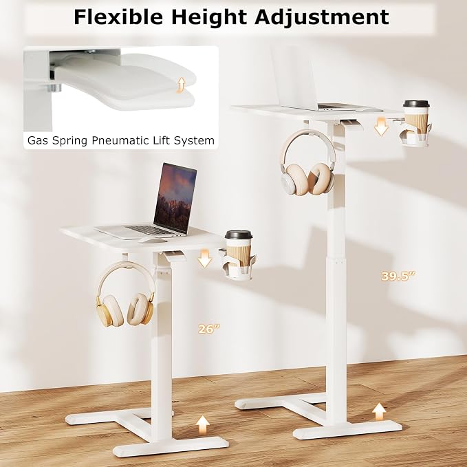 Tangkula Mobile Standing Desk, Pneumatic Height Adjustable Rolling Desk with Cup Holder & Headphone Hook, Overbed Table with Hidden Wheels, Laptop Computer Cart for Couch, Home, Office (White) - Image 6