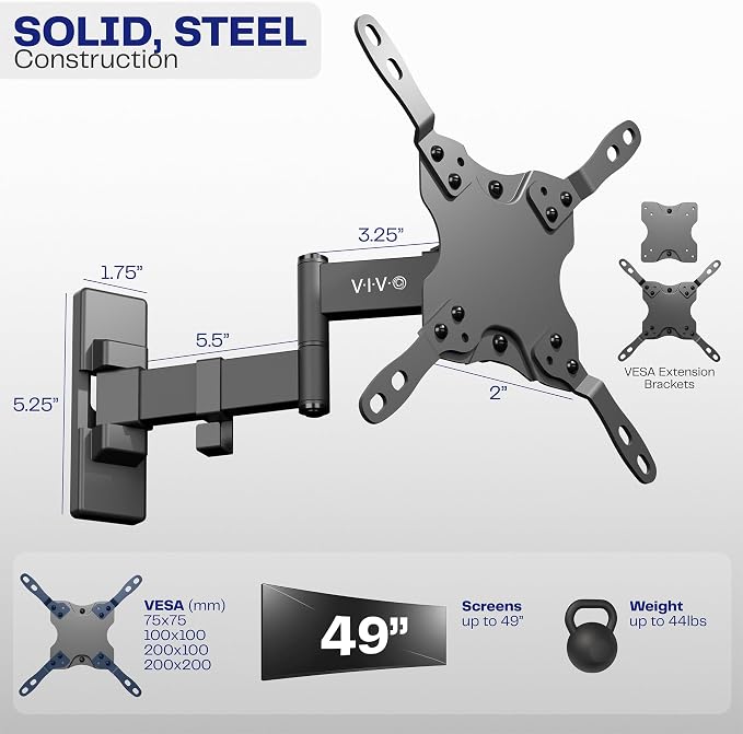 VIVO Full Motion Ultrawide Monitor Wall Mount, Fits Ultra-Wide Screens up to 49 inches and 44 lbs, Wide VESA Range with Tilt and Swivel, Black, MOUNT-VW06 - Image 3