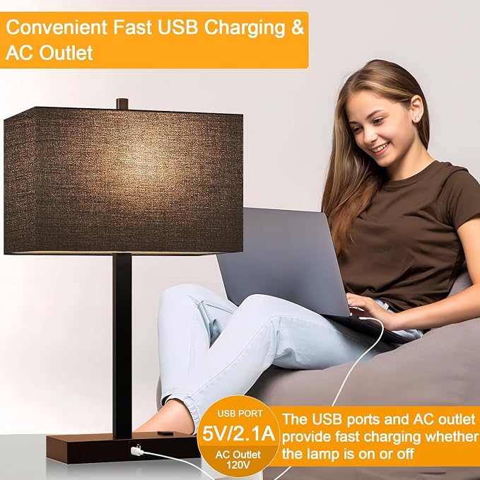 21" Touch Bedside lamps with 2 USB & AC Outlets, 3-Way Dimmable Bedside Table Lamps Set of 2 for Bedroom Living Room Office Reading, Black Shade Lamps for Night Stands, 2700K LED Bulbs Included - Image 7