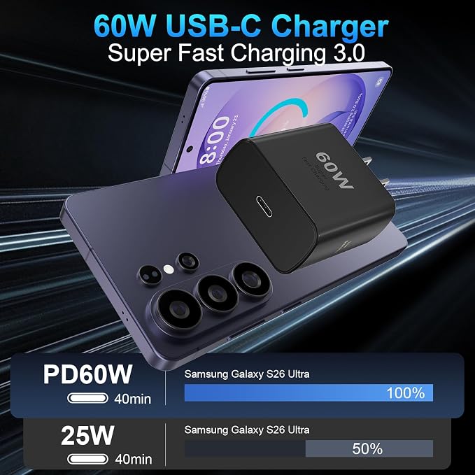 60W USB C Charger Super Fast Charging 3.0 for Samsung Galaxy S26 Ultra, Type C Charger Block with 6.6 FT Long USB C Fast Charging Cable for Samsung Galaxy S26 Ultra/S26/S26+/S25 S24 S23 S22 - Image 2