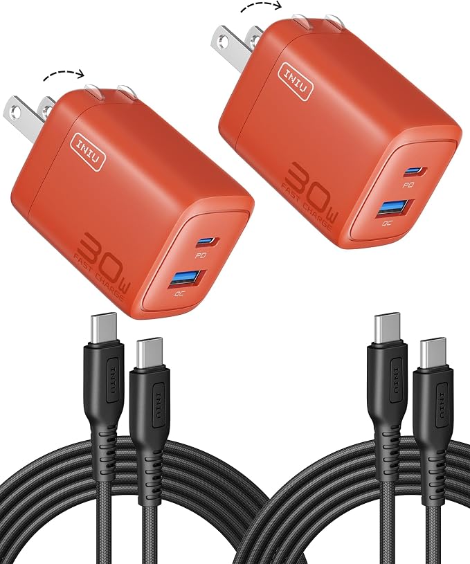 INIU Mini USB C Charger, 30W GaN Fast Charging ETL Certified Wall Adapter Block with Samrt Phone Protection, Dual Port with 5ft Type C Cable for iPhone 17 iPad Samsung Google Switch [2-Pack Orange] by INIU