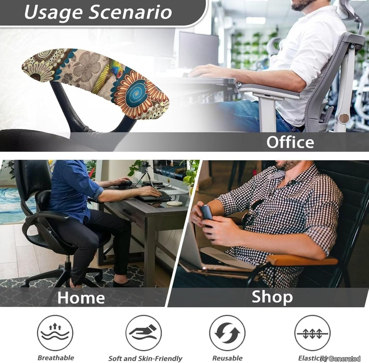 2 Pack Office Chair Armrest Covers, Hummingbird Print Desk Chair Armrest Covers Boho Mandala Flower Print Game Chair Armrest Covers, Non Slip Stretchy Game Chair Arm Covers, Brown - Image 6