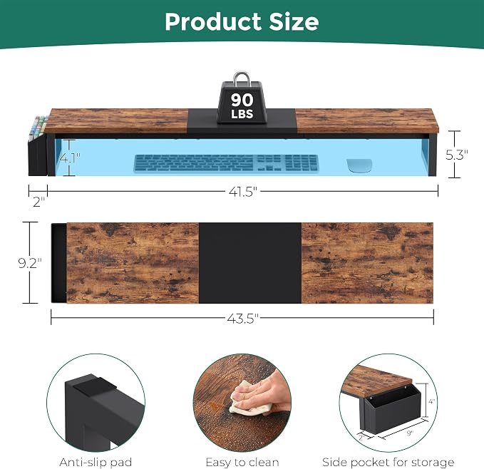 Dual Monitor Stand Riser, 41.5'' Extra Long Wood Monitor Stand Desktop Organizer with Side Pocket, Ergonomic Monitor Riser Supports 2 Monitors,TV,Laptop,Printer for Home Office, Rustic Brown - Image 3