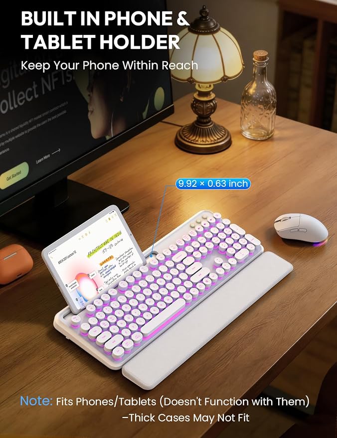 Wireless Keyboard and Mouse, Backlit Typewriter with Magnetic Wrist Rest | Phone Holder, Light Up Round Keycaps, Lighting Mouse, 2.4GHz Cordless Set for Mac, Windows, PC, Laptop, SABLUTE - Image 4