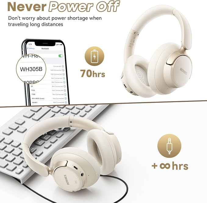 BERIBES Hybrid Active Noise Cancelling Headphones Wireless Over Ear 70Hours | Foldable Bluetooth 6.0,Transparent Modes,3.5MM Cable,Lightweight Built-in Mic,HiFi Stereo Deep Bass,Soft-Earpad,Fast Charging - Image 6