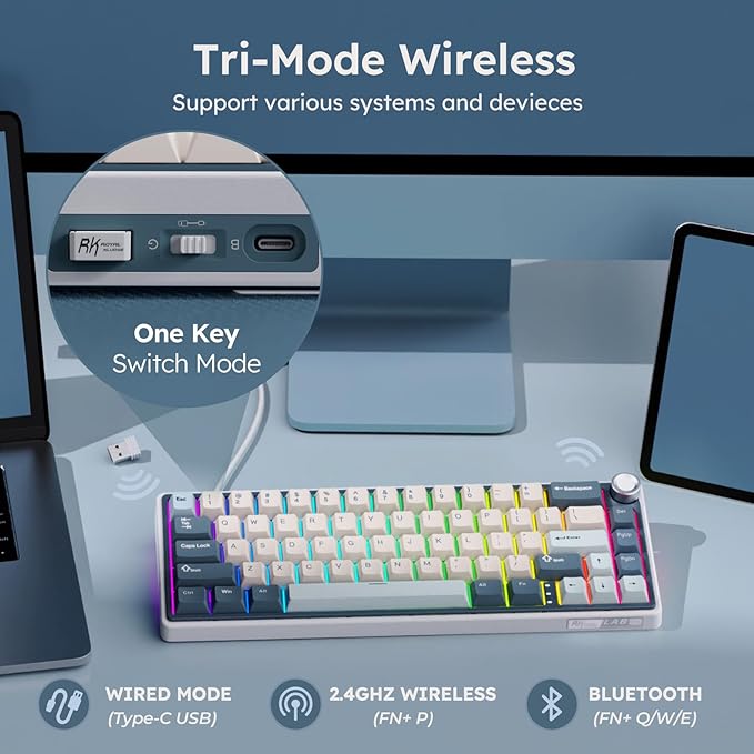 RK ROYAL KLUDGE R65 Wireless Mechanical Keyboard, 60% Keyboard with Knob | 60% RGB Gaming Keyboard with QMK/VIA, 3-Mode 2.4G/BT/Wired, Hot Swappable PCB, PBT Keycaps, 66 Keys, Cream Switch, Blue - Image 3
