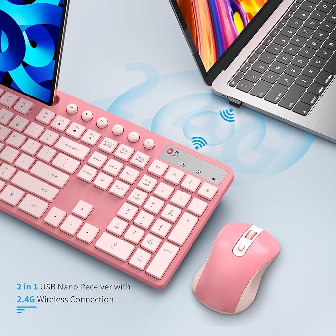 Wireless Keyboard and Mouse Combo, MARVO 2.4G Ergonomic Wireless Computer Keyboard with Phone Tablet Holder, Silent Mouse with 6 Button, Compatible with MacBook, Windows (Sakura Pink) - Image 5